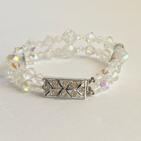 Vintage Aurora Borealis Crystal Bracelet Double Strand Rhinestone AB Iridescent - Picture 5 of 9